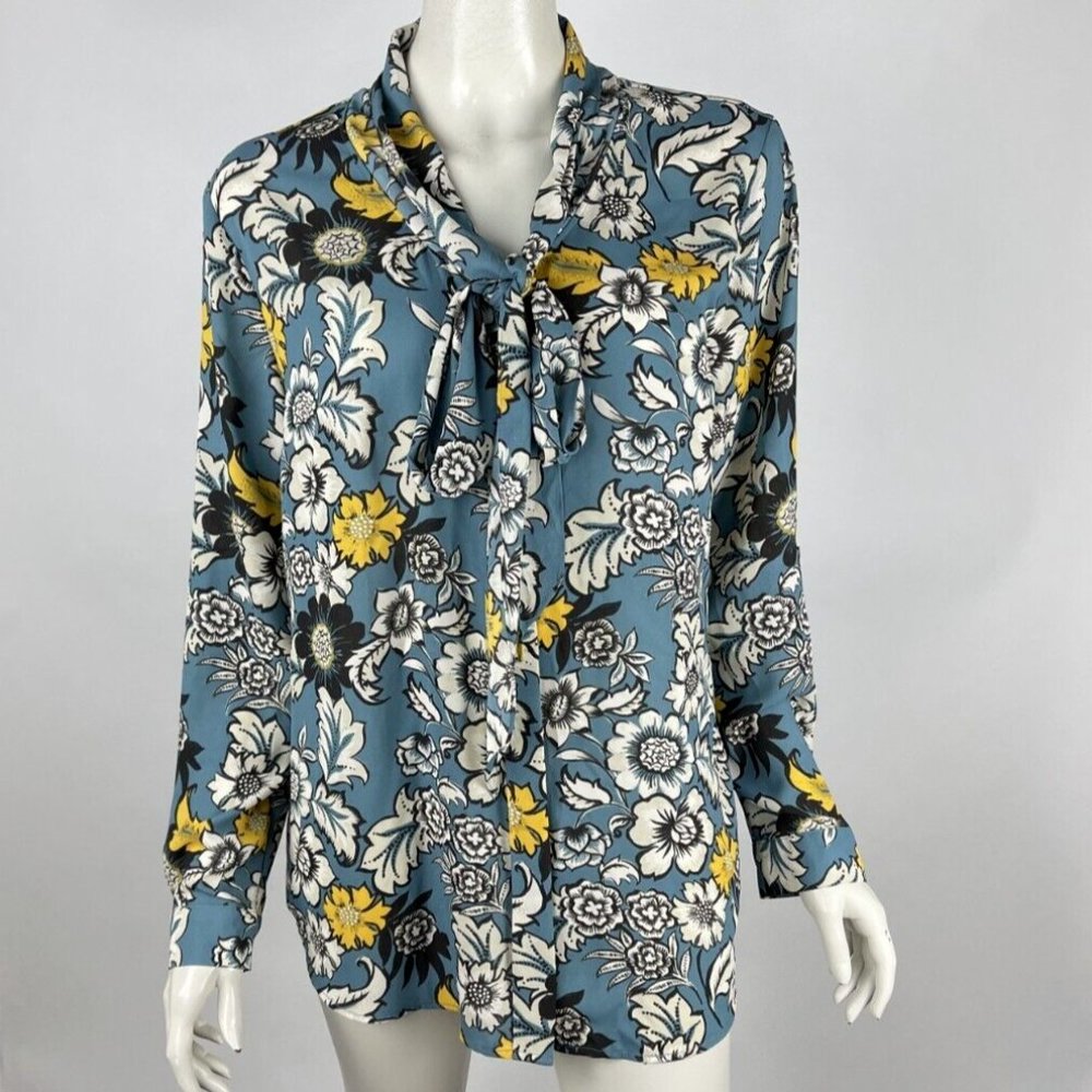 Talbots Bow Blouse Top Women L NWT Floral Long Sleeve Tie Neck Button-Up Shirt